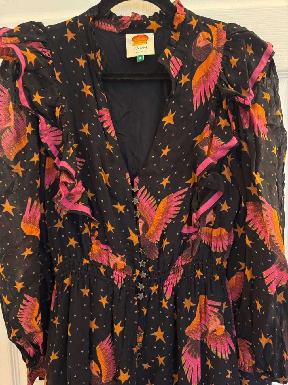 FARM Rio Black Midi Dress with Pink Floral & Star Print NWOT - Picture 8 of 14